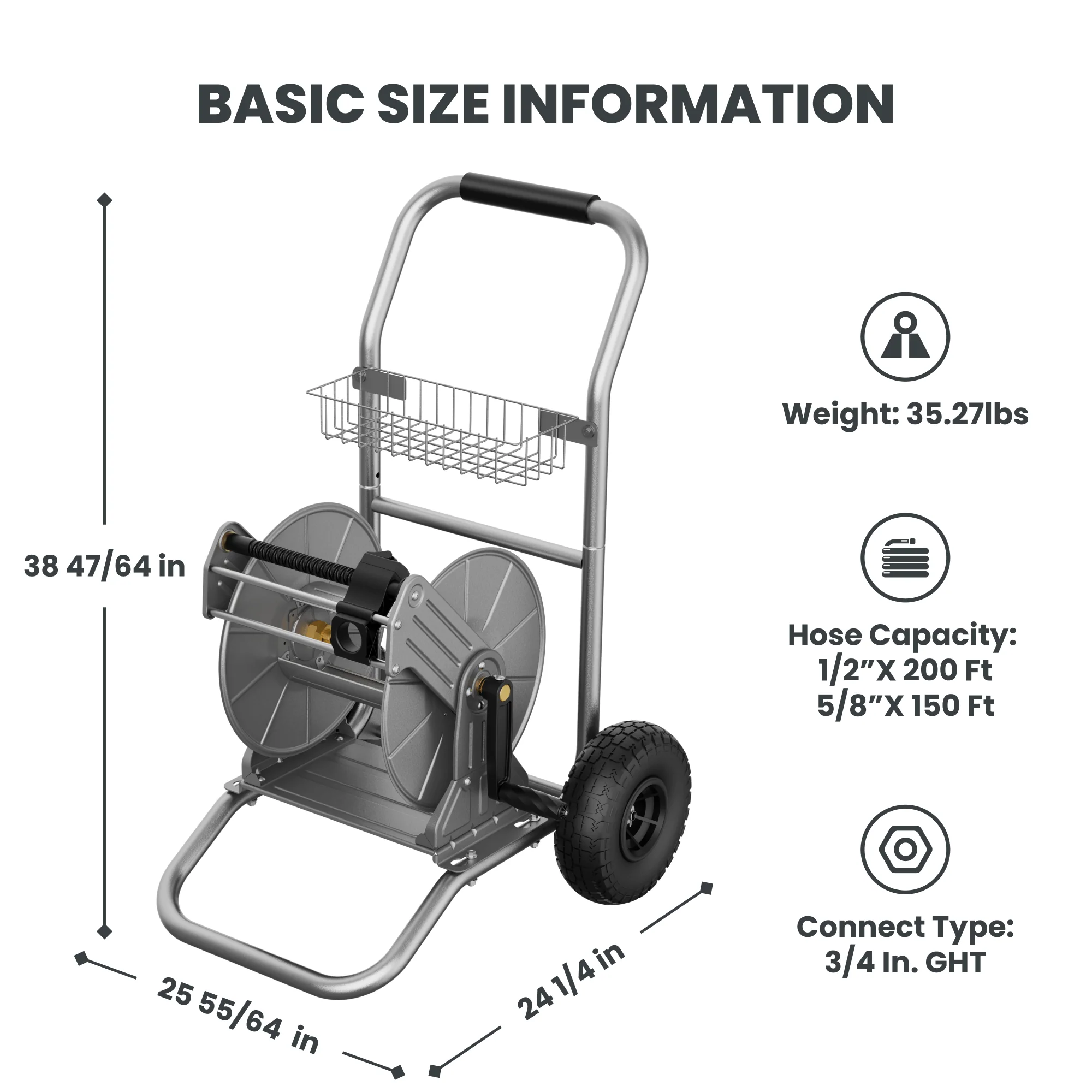 Garden Hose Reel Cart-2 Wheels-Stainless Steel-Heavy Duty - Image 6
