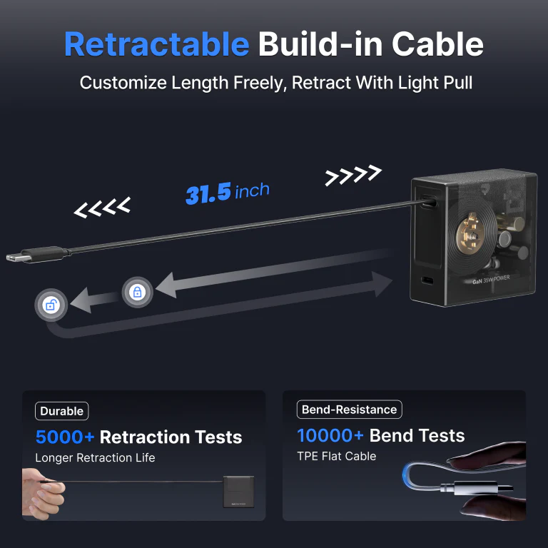 Gitryin Retractable Charger - Black/USB-C Cable - Image 3